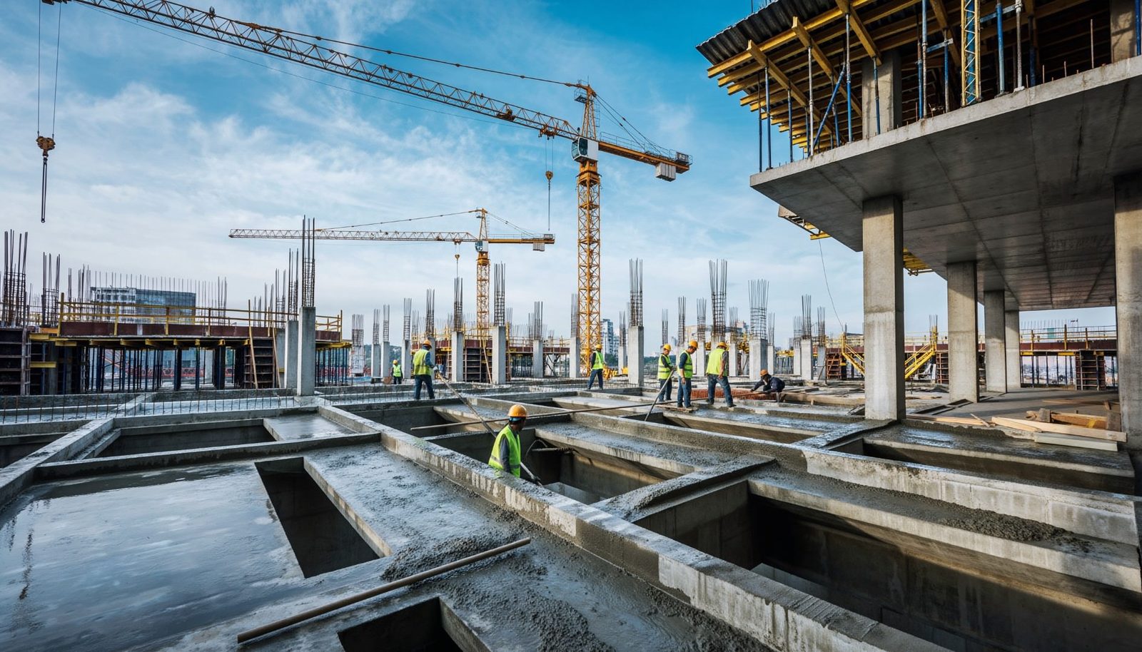 Construction crews pouring concrete on a high-rise site beneath tower cranes